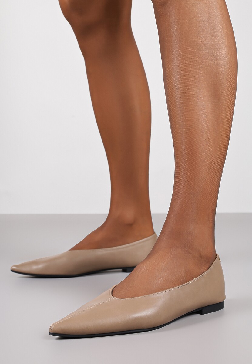 Ciemnobeżowe Balerinki Vices z Noskiem w Szpic i Skórzaną Wkładką Belviie