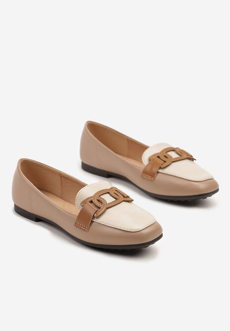 Ciemnobeżowe Wsuwane Mokasyny z Materiałowym Paskiem Evellia