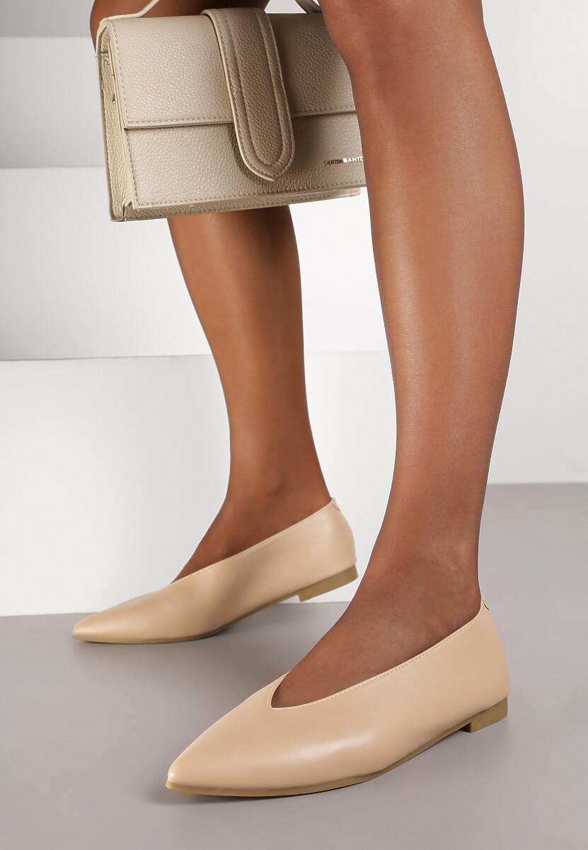 Ciemnobeżowe Balerinki Vices z Wkładką ze Skóry Naturalnej w Klasycznym Stylu Nalivee