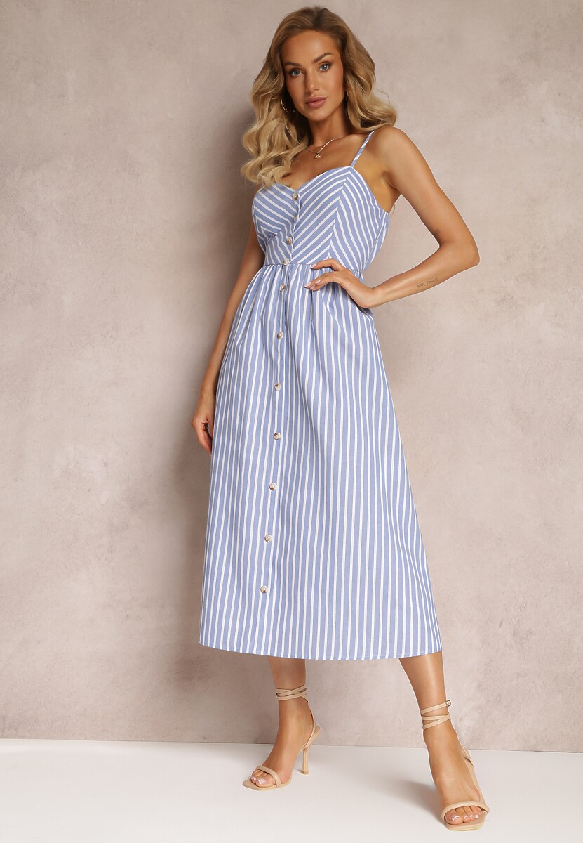 Niebieska Sukienka Midi w Paski Ozdobiona Guzikami Eimam