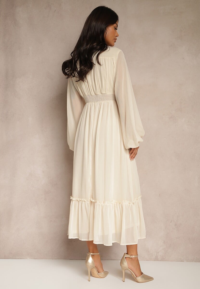 Beżowa Plisowana Sukienka Koktajlowa Ozdobiona Guzikami i Falbankami Osumia