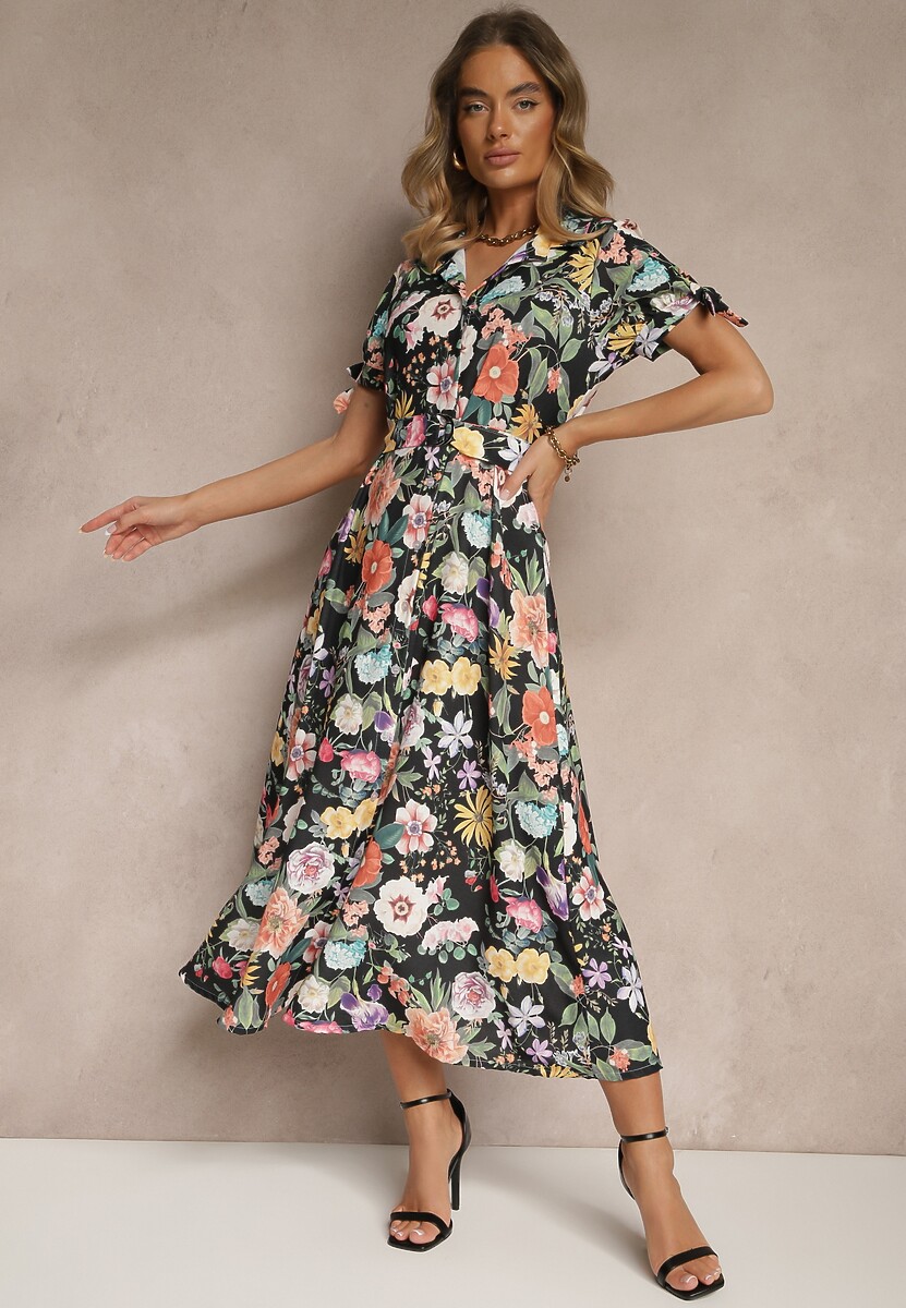 Czarna Koszulowa Sukienka w Kwiaty o Rozkloszowanym Fasonie z Paskiem Fevalirra