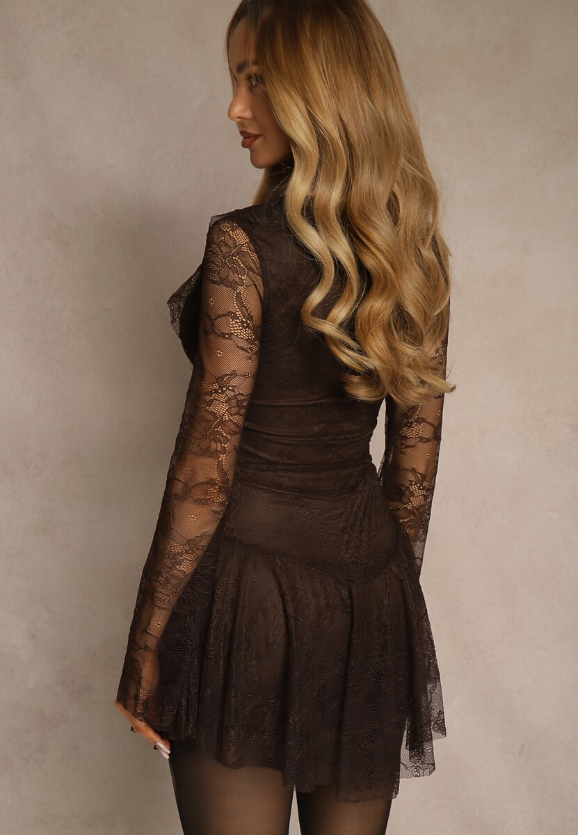 Brązowa Sukienka Imprezowa z Koronki Zdobiona Wiązaniem przy Dekolcie Enafera