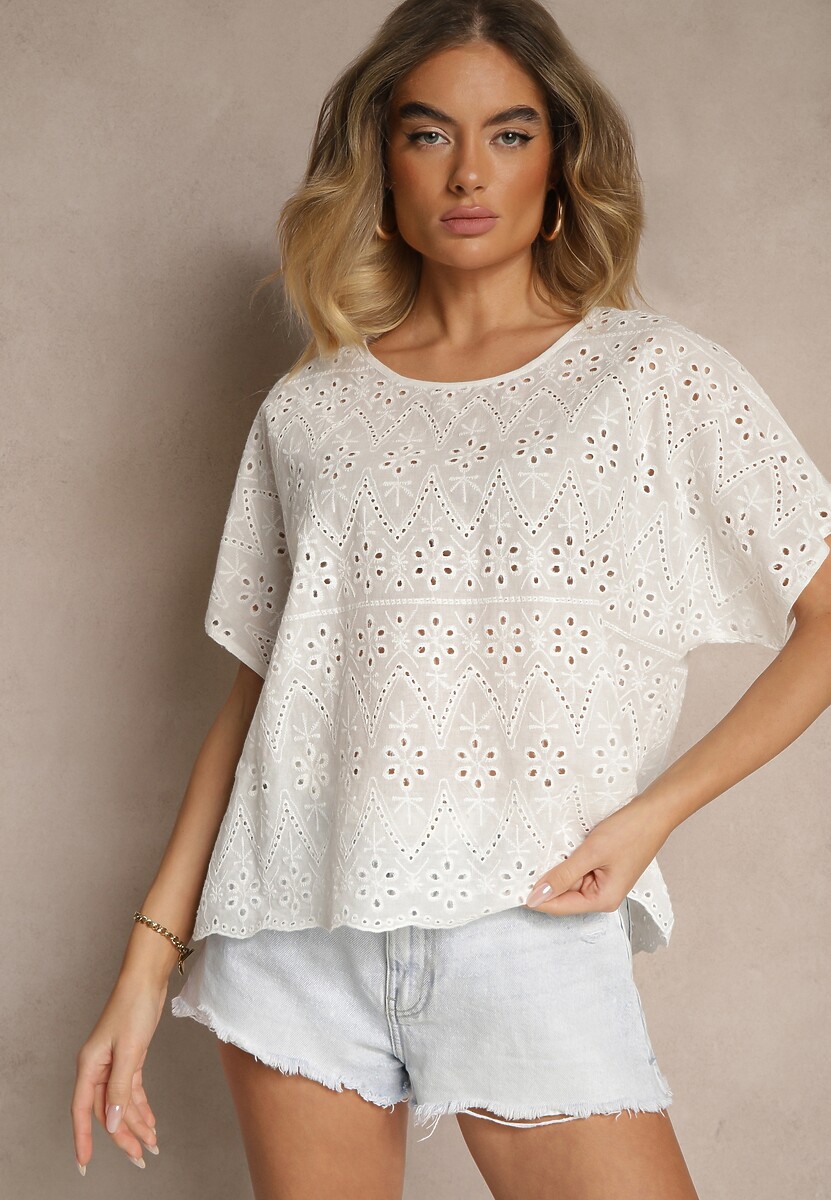 Biała Bawełniana Bluzka z Ażurowym Wzorem Vorecia