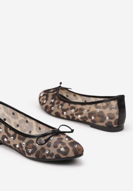 Brązowe Siateczkowe Balerinki na Płaskiej Podeszwie z Cyrkoniami i Koronką Froresi