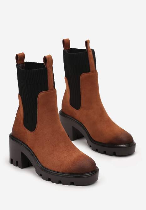 Brązowe Botki na Słupku z Protektorem i Elastyczną Cholewką Nemlle