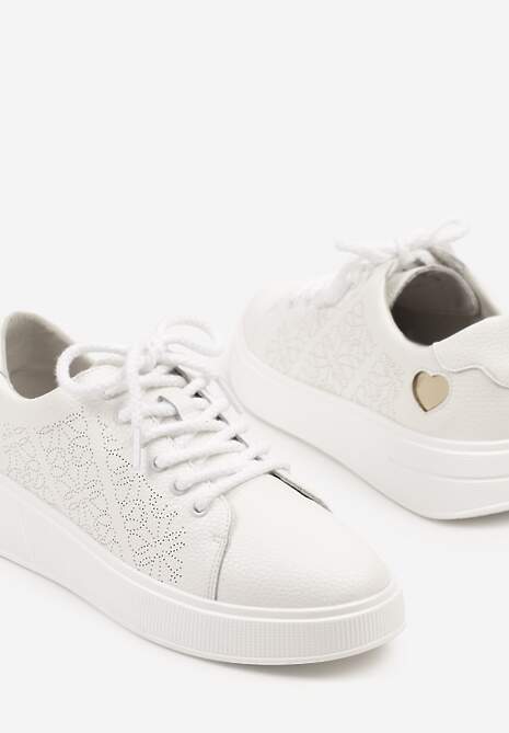 Białe Sneakersy z Wkładką ze Skóry Naturalnej Ozdobione Cyrkoniami i Sercem Tiralia