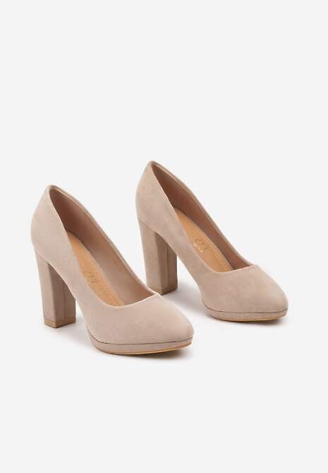 Ciemnobeżowe Czółenka Vices na Słupku ze Skórzaną Wkładką Linariah