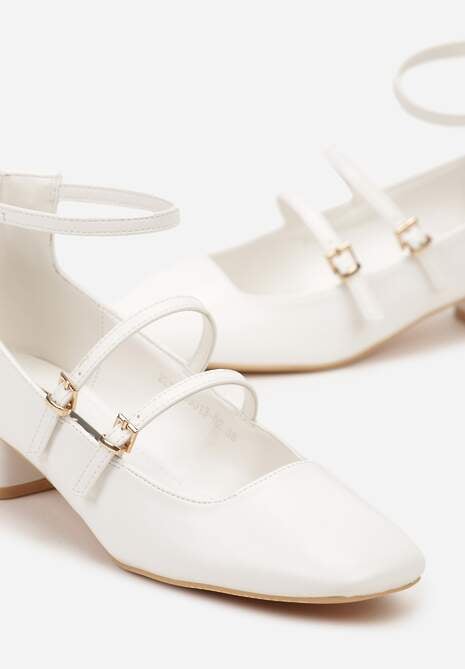 Białe Czółenka Wykończone Paseczkami i Kwadratowym Noskiem Fenena