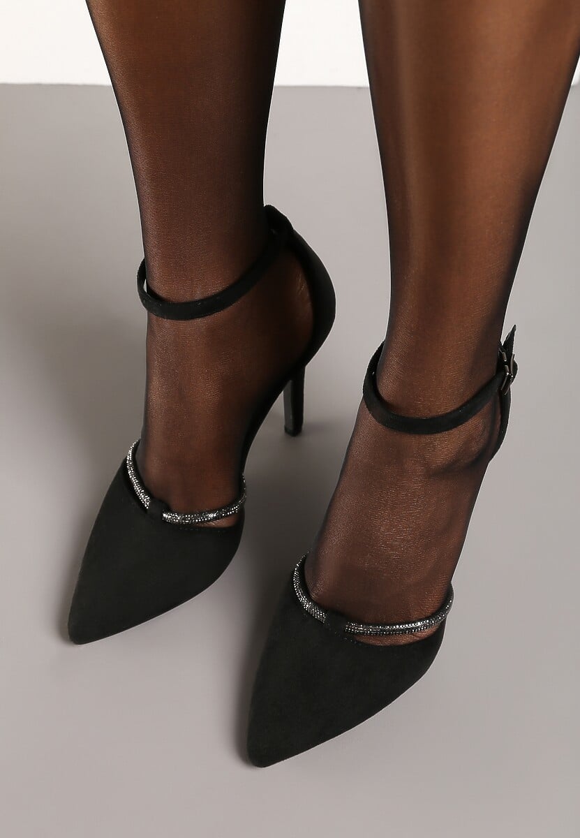 Czarne Szpilki Vices z Wkładką ze Skóry Naturalnej i Ozdobnym Cyrkoniowym Paskiem Lizzeth