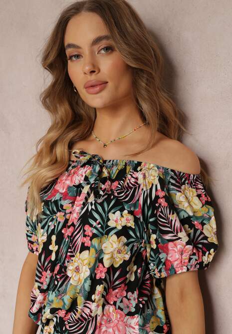 Czarno-Różowa Wiskozowa Sukienka Mini w Kwiaty z Hiszpańskim Dekoltem i Gumką w Talii Selecia