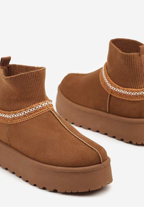 Brązowe Śniegowce na Platformie ze Skarpetową Cholewką Erevelis