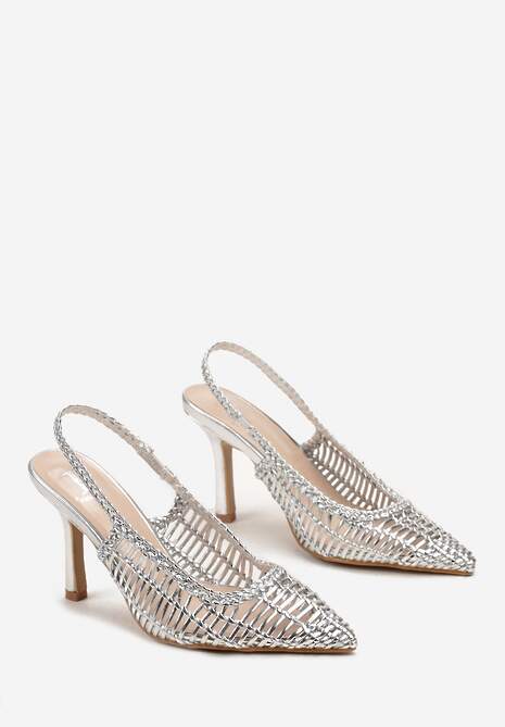 Srebrne Czółenka z Plecioną Cholewką na Szpilce i Szpiczastym Noskiem Letto