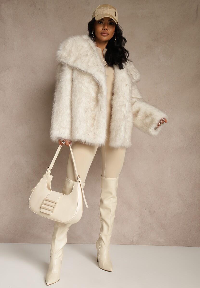 Biała Dwurzędowa Kurtka Futerko Oversize Nenalla
