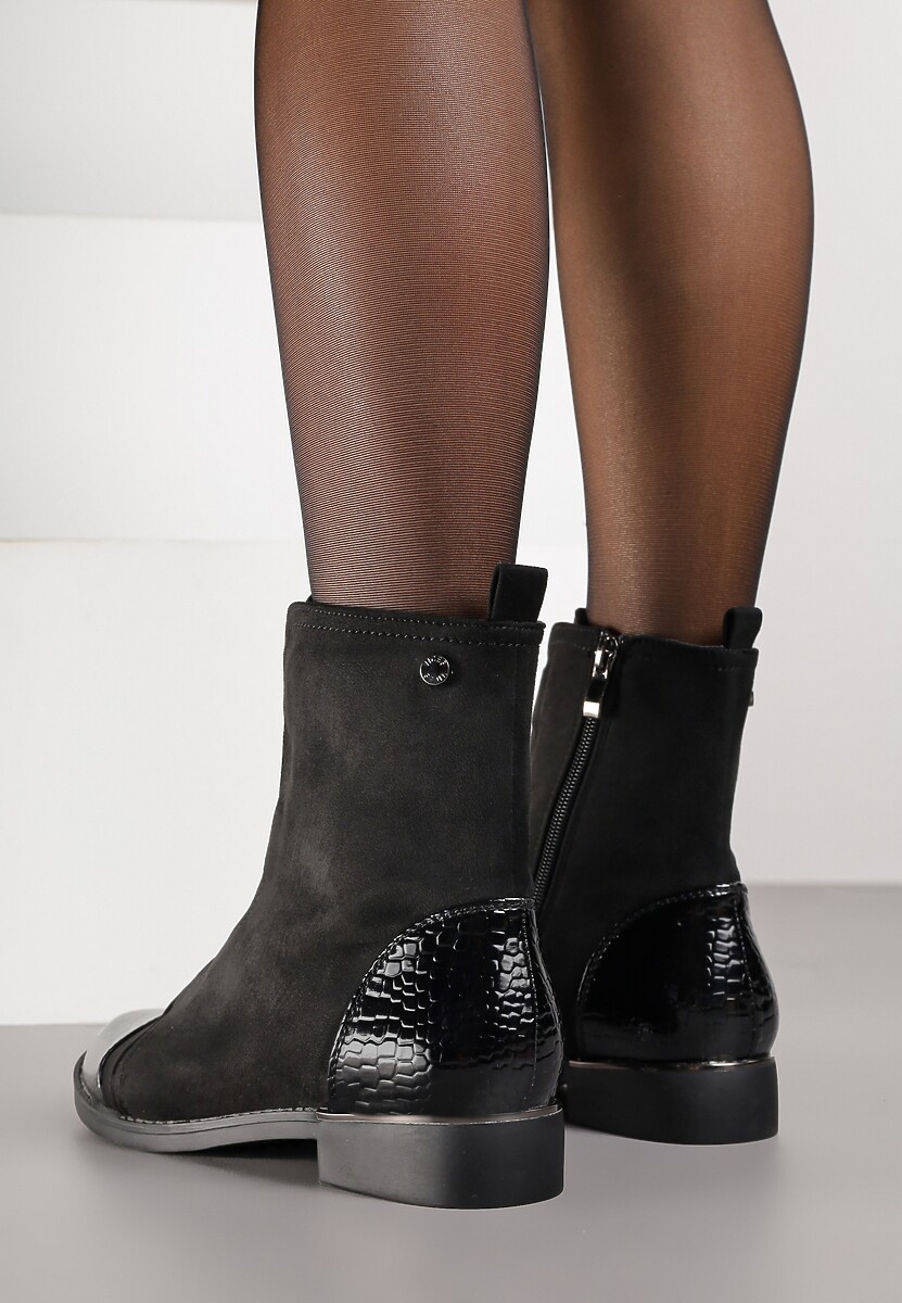 Czarne Botki Vices Ozdobione Lakierowanymi Tłoczonymi Elementami Typu Krokodyl Olema