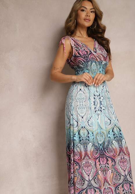 Niebiesko-Różowa Sukienka z Mozaikowym Wzorem Boho Gumką w Pasie i Sznurkami na Ramionach Ainervea