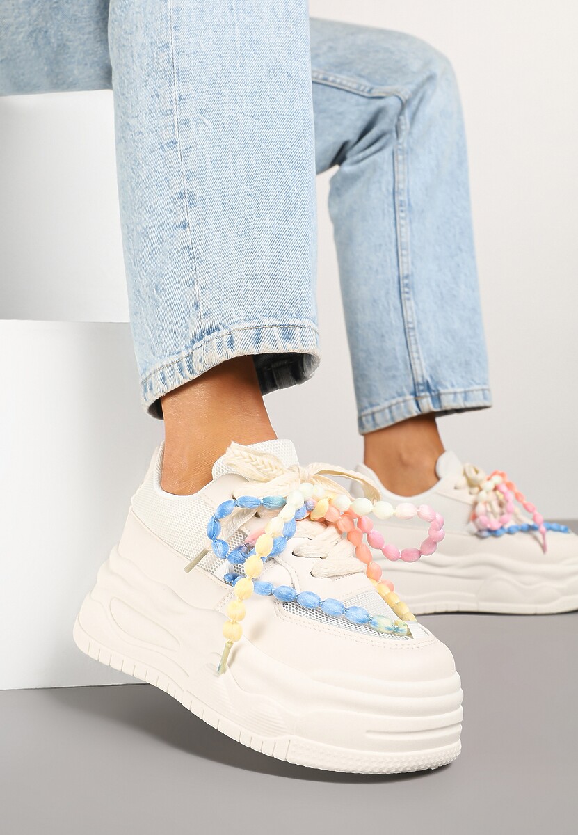 Beżowe Sneakersy na Platformie z Koralikami Amovanna