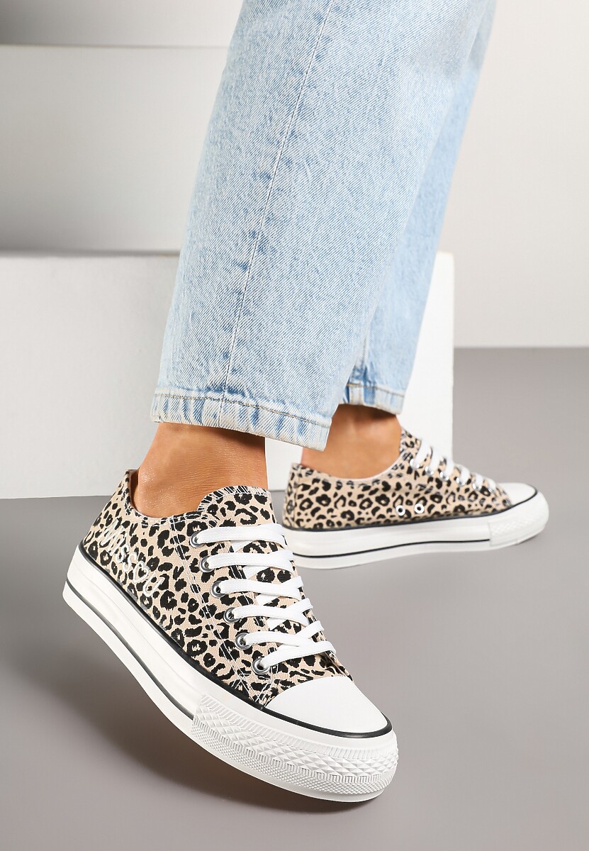 Panterkowe Brokatowe Trampki z Napisem i Niską Cholewką Borlevi