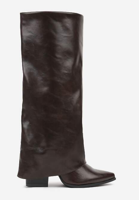 Brązowe Kozaki na Stożkowym Obcasie Ozdobione Wywiniętą Cholewką Nalunisa