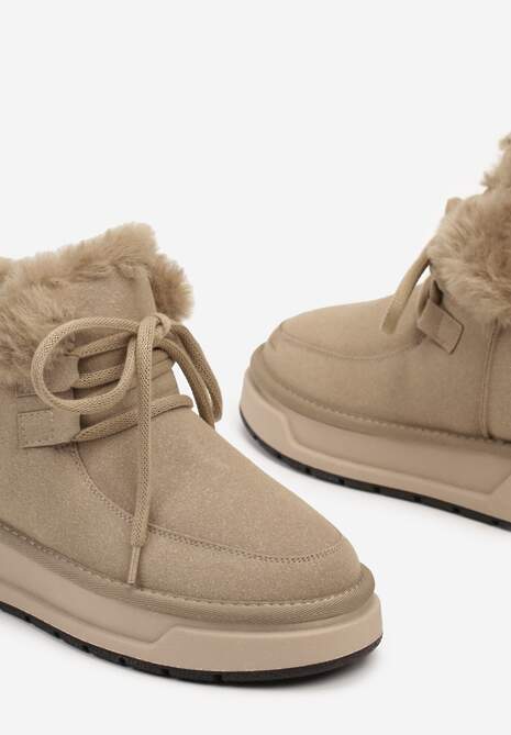 Ciemnobeżowe Mocno Ocieplane Śniegowce ze Sznurowaną Cholewką Obszytą Futrem Sintetta