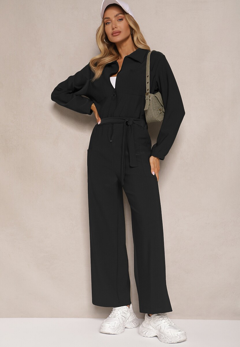 Czarny Kombinezon z Elastyczną Gumką w Pasie z Dodatkowym Wiązaniem o Luźnym Kroju Creera