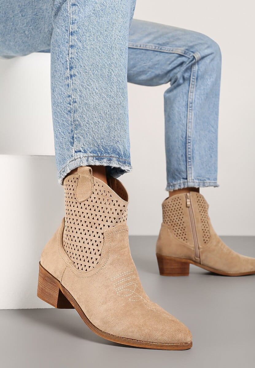 Beżowe Botki Kowbojki Vices na Słupku z Ażurową Cholewką Elfedi
