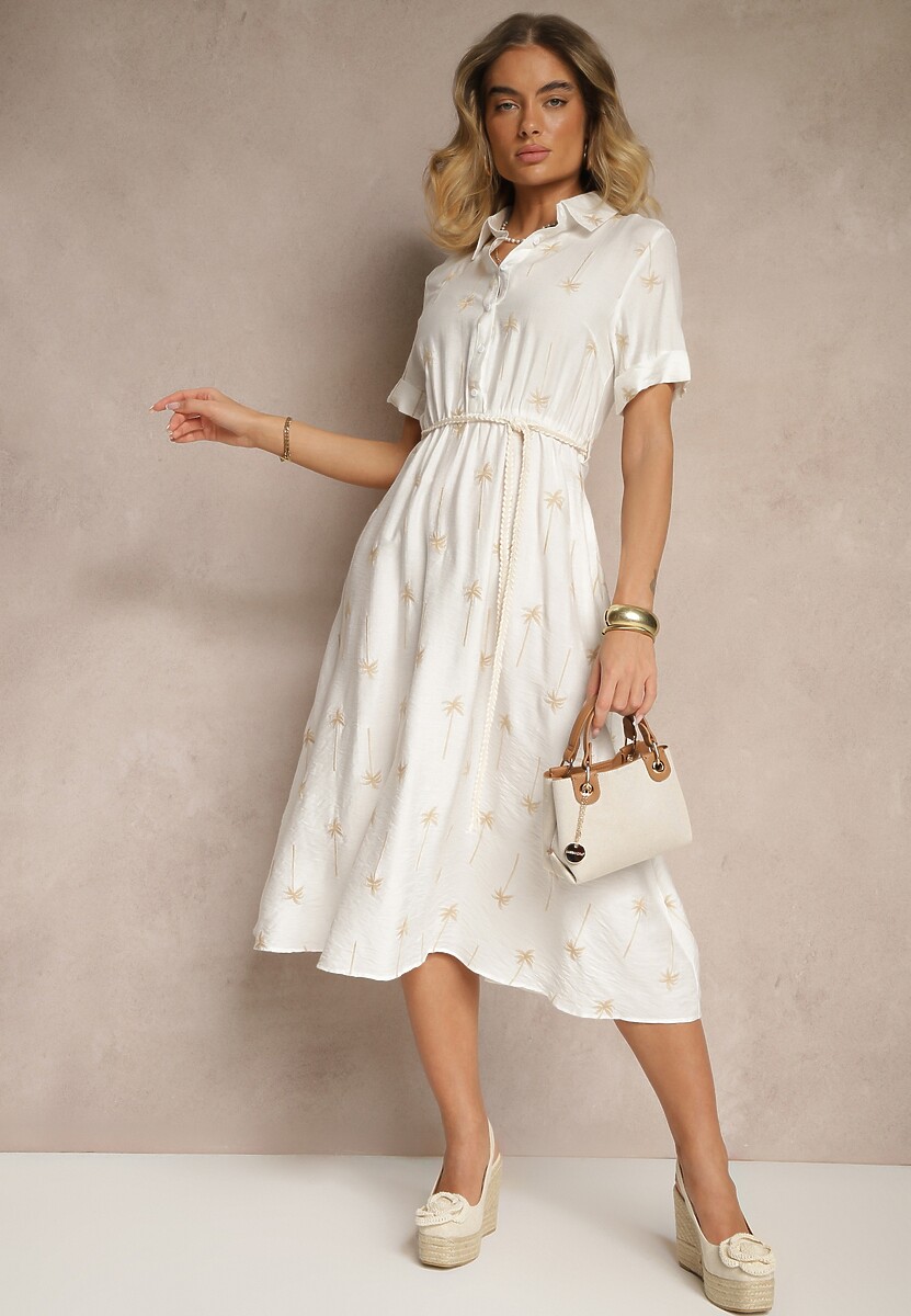 Biała Koszulowa Sukienka z Wiskozy o Rozkloszowanym Kroju z Wiązaniem Liselithra