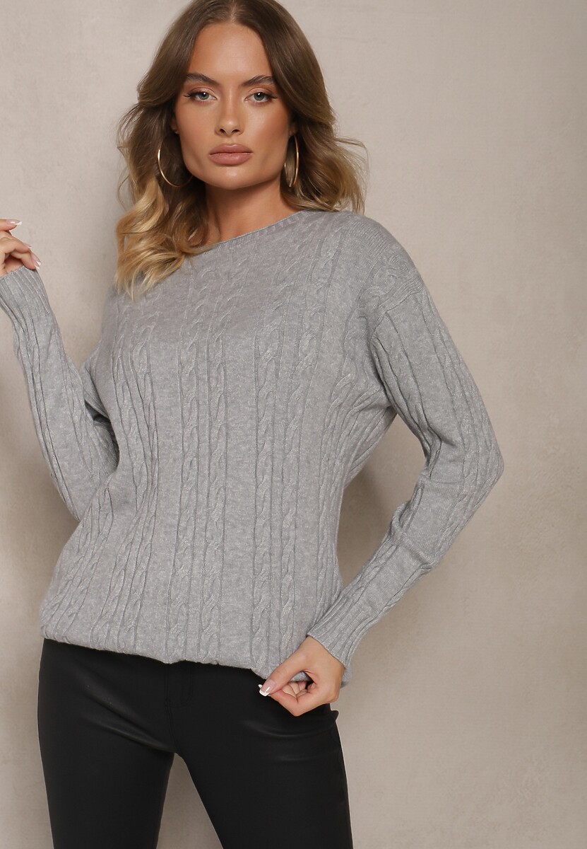 Szary Sweter z Bawełną Wiskozą i Ozdobnym Splotem Viacelia