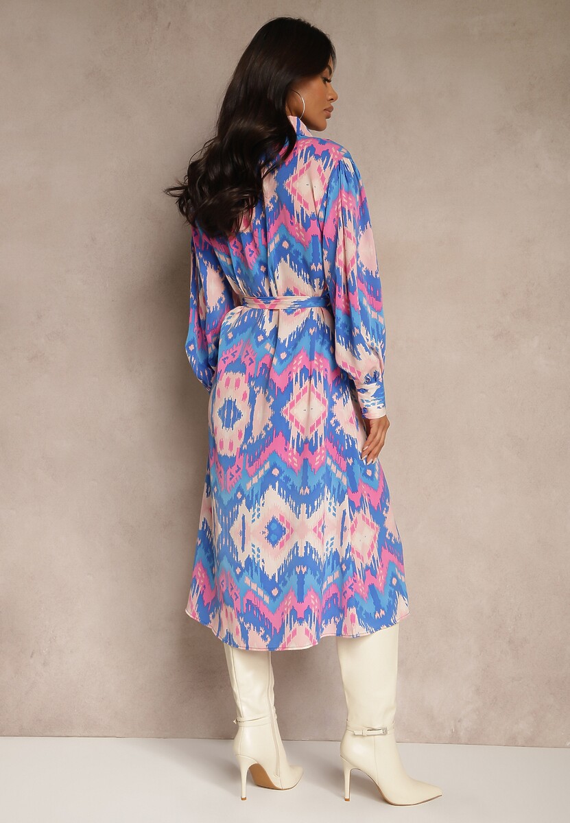 Niebiesko-Różowa Sukienka Midi o Koszulowym Fasonie Ozdobionym Wzorem w Stylu Etno Thailven