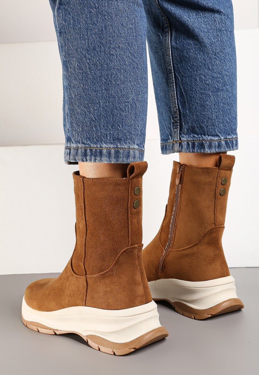 Brązowe Streetwearowe Botki z Ekozamszu na Tłoczonej Platformie Realaeth