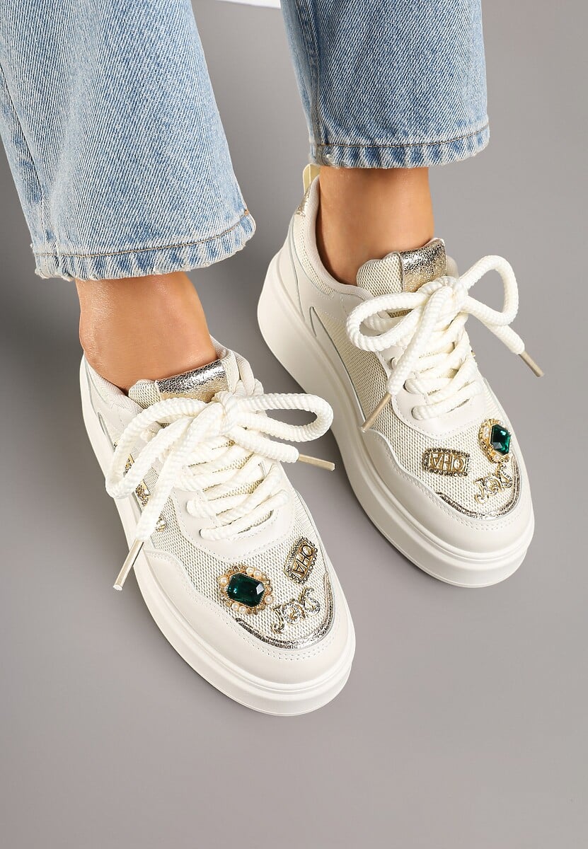 Beżowe Sneakersy na Grubej Podeszwie z Cyrkoniami i Brokatem Falissa