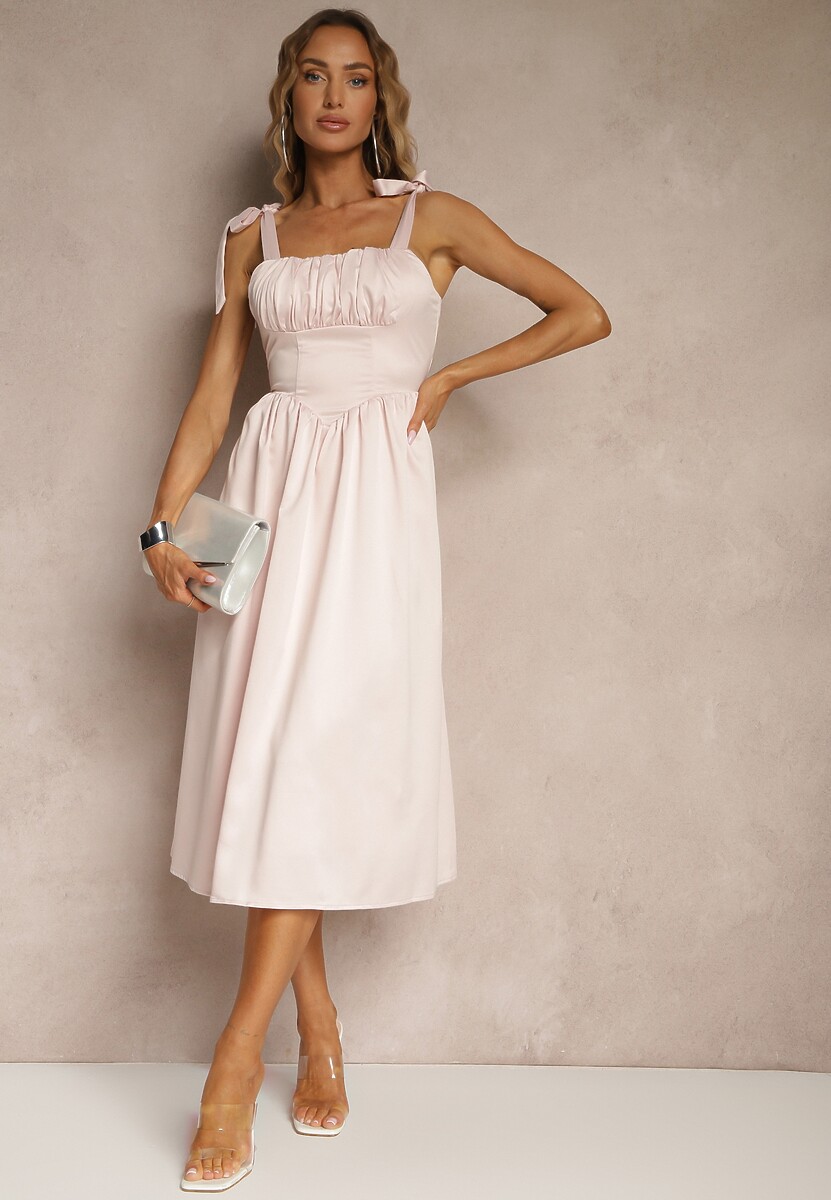 Różowa Sukienka Vices o Rozkloszowanym Kroju z Wiązanymi Ramiączkami Natirise