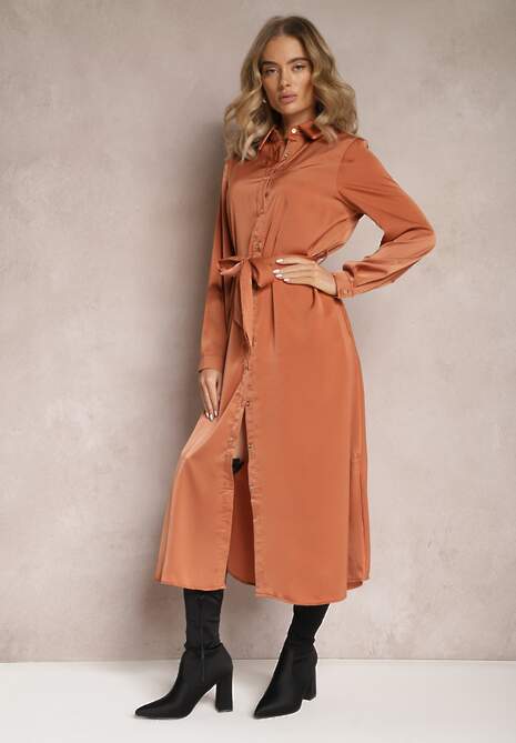 Różowa Rozkloszowana Sukienka Koszulowa z Paskiem Physsa