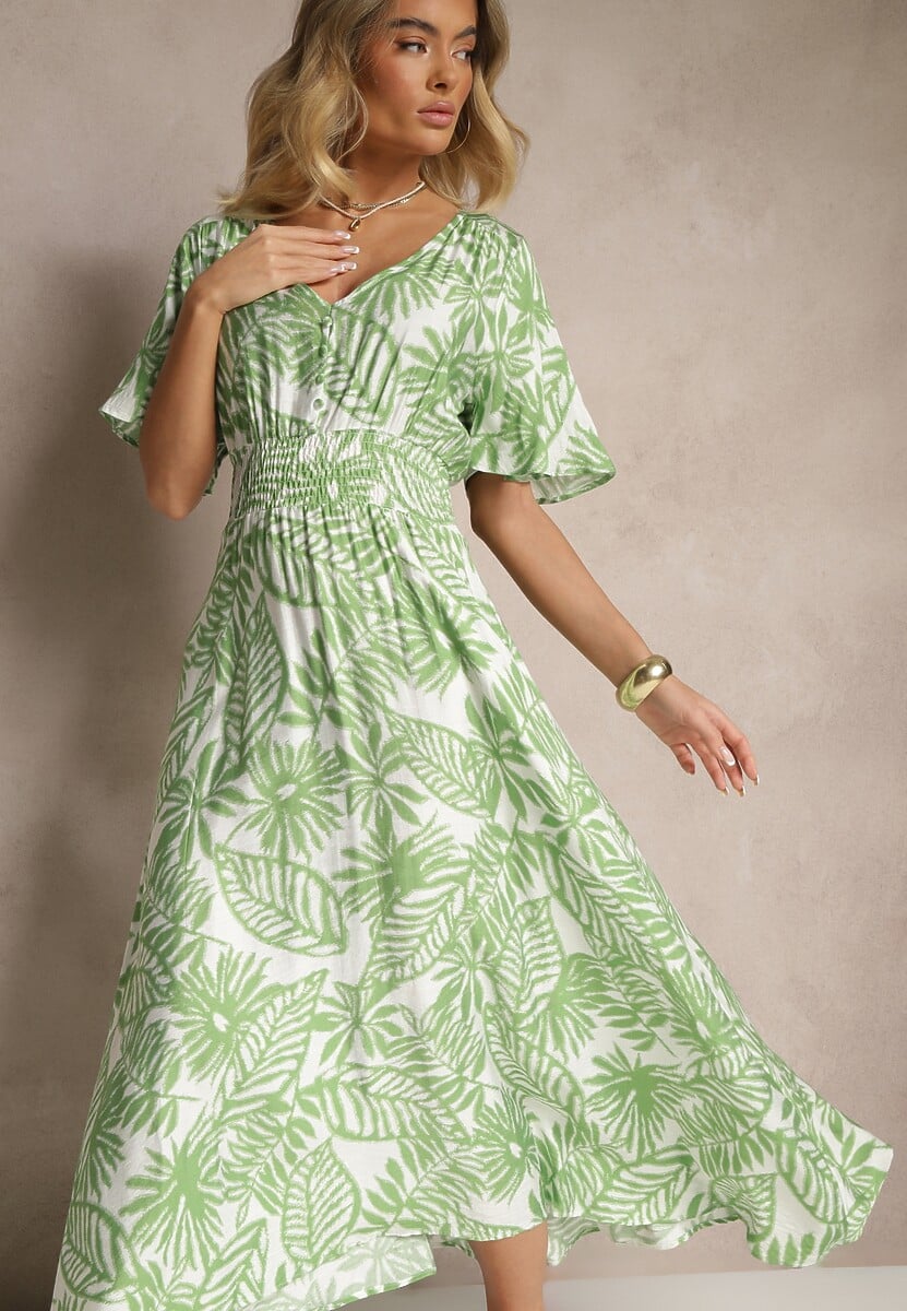 Niebieska Sukienka z Gumką w Pasie Ozdobiona Roślinnym Wzorem Charina