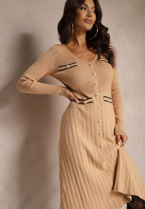 Ciemnobeżowa Rozkloszowana Sukienka z Wiskozą Imitacją Kieszeni  i Guzikami Izadria