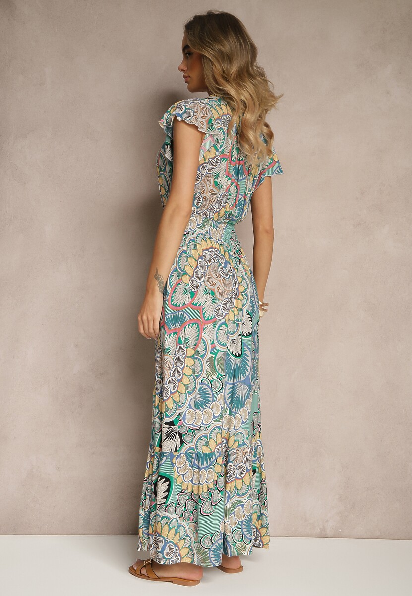 Zielono-Żółta Sukienka z Bawełny w Stylu Boho z Kopertowym Dekoltem Dillana