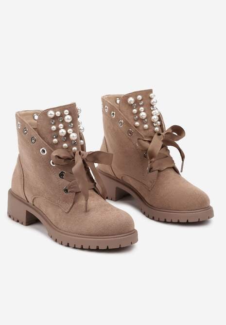 Ciemnobeżowe Botki z Ozdobnymi Sznurówkami Perłami i Cyrkoniami Jovilda