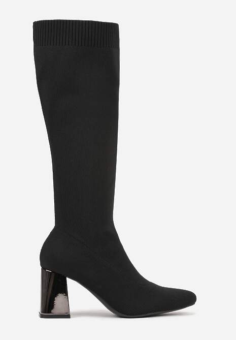 Czarne Eleganckie Kozaki VICES na Metalicznym Obcasie ze Skarpetkową Cholewką Nalaina