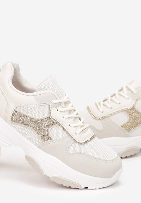 Beżowe Sneakersy na Grubej Podeszwie z Brokatowymi Wstawkami Adilah