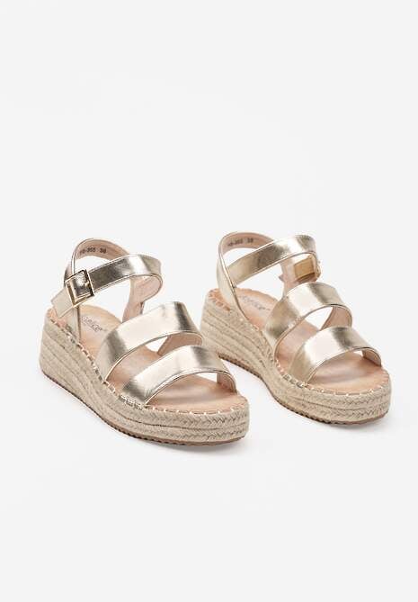 Złote Sandały na Plecionej Podeszwie Zapinane Wokół Kostki Liselia