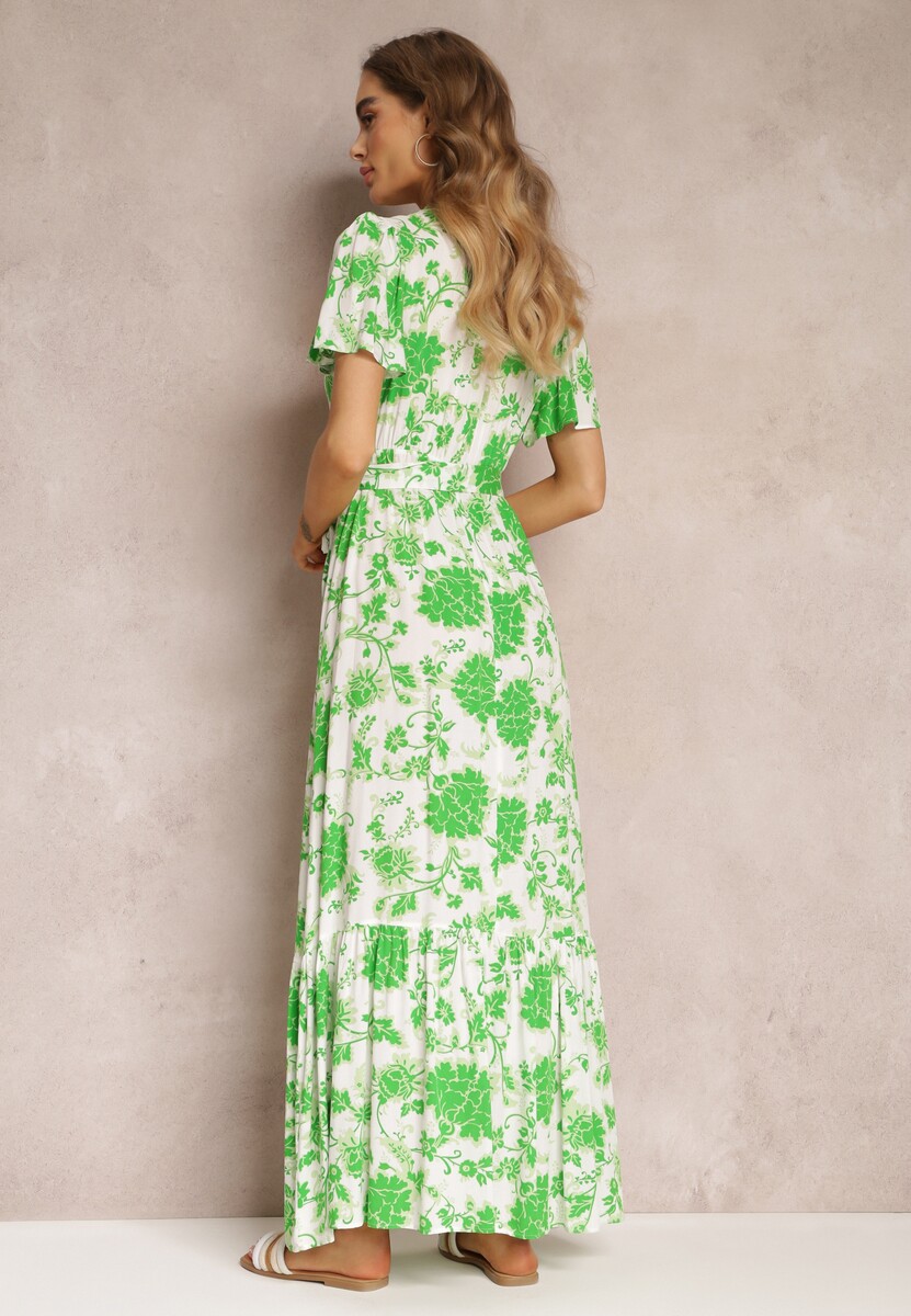 Zielona Sukienka w Kwiaty z Paskiem i Gumką w Talii z Wiskozy Agletina