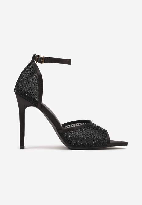 Czarne Sandały na Szpilce Siateczkowe Ozdobione Cyrkoniami Raneia