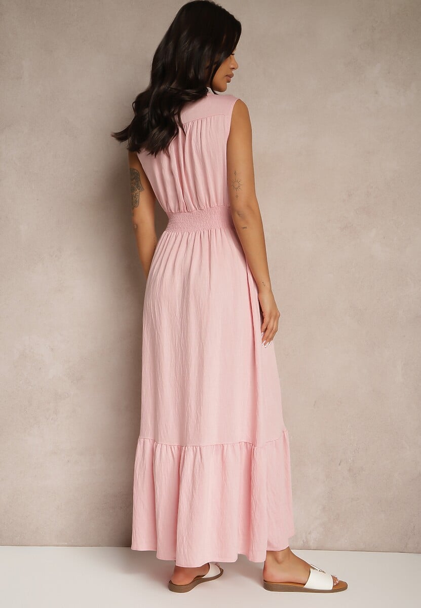 Różowa Rozkloszowana Sukienka o Kopertowym Fasonie z Gumką w Talii Filadira