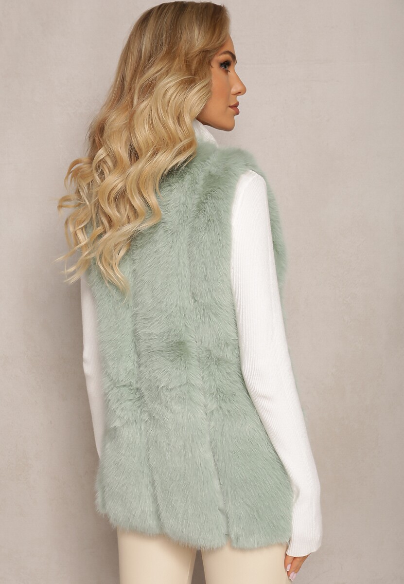 Jasnozielona Puchata Kamizelka z Futerka Ozdobiona Imitacją Skóry Tekllesa