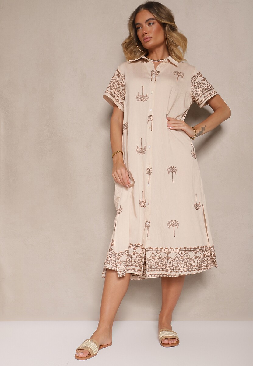 Biała Sukienka z Wiskozą o Pudełkowym Kroju z Kołnierzykiem z Haftem Sanavelle