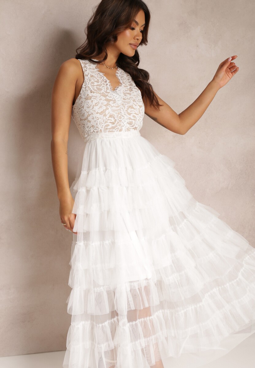 Biała Sukienka Koktajlowa z Koronkową Górą i Rozkloszowanym Tiulowym Dołem Venisa