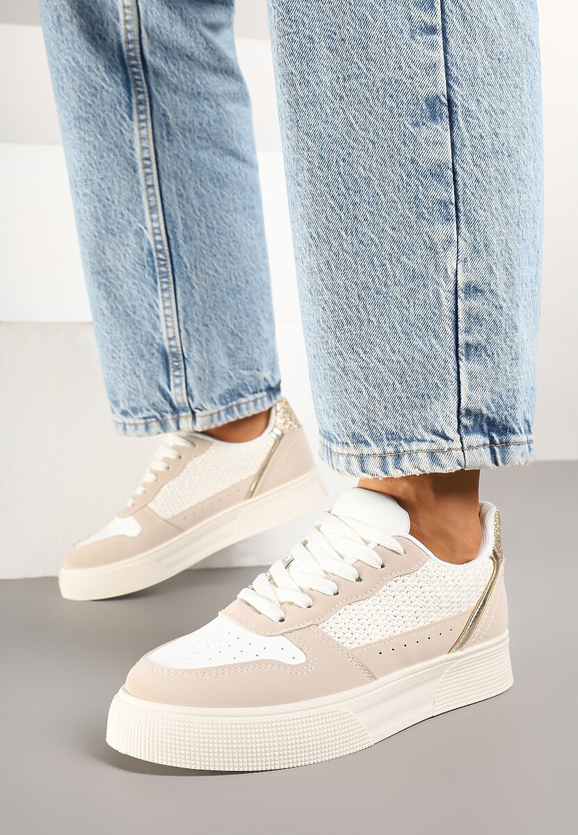 Beżowo-Białe Sneakersy na Platformie Ozdobione Plecionką Perforacją i Brokatem Tulreia