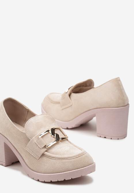 Beżowe Półbuty na Słupku Ozdobione Klamerką Nicarda