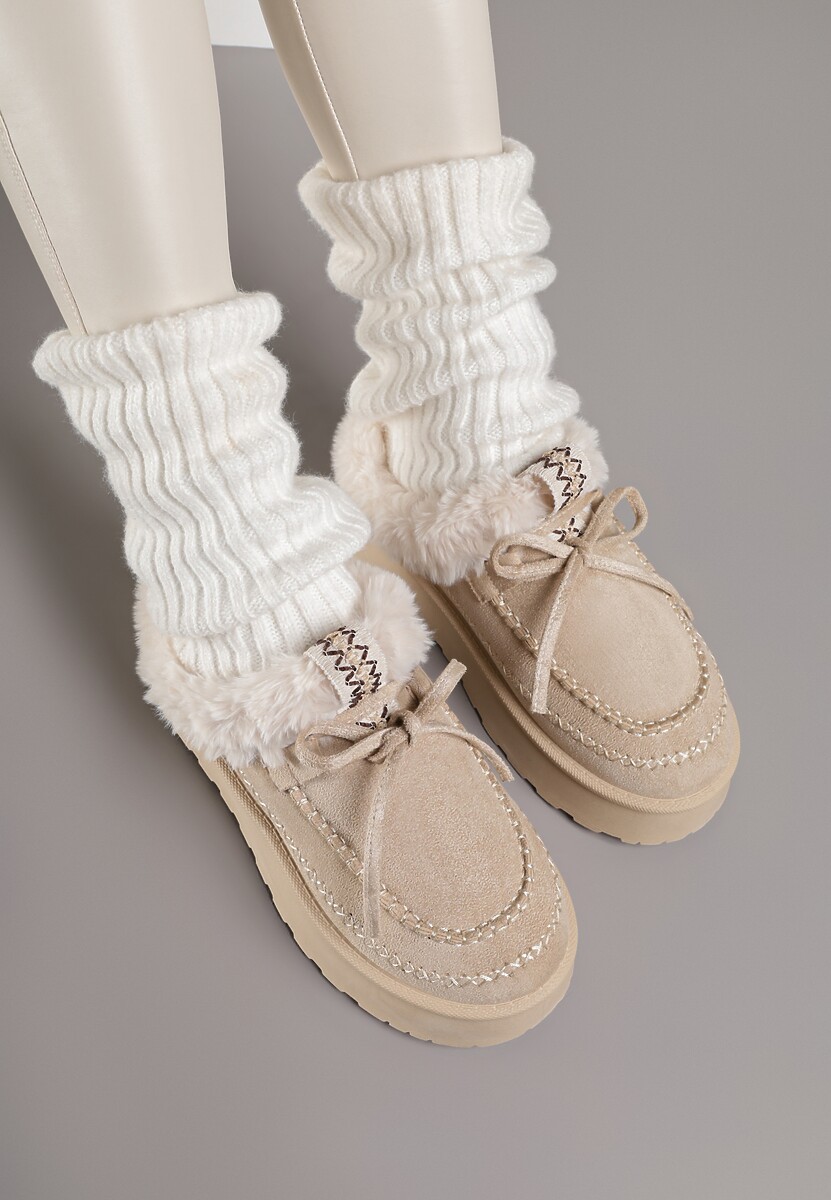 Beżowe Rustykalne Śniegowce z Niską Cholewką Zdobione Futrem i Kokardą Tuspena