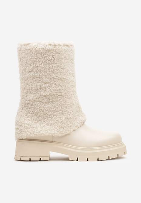Beżowe Botki na Platformie z Tłoczeniem i Cholewką z Futerkiem Emilith